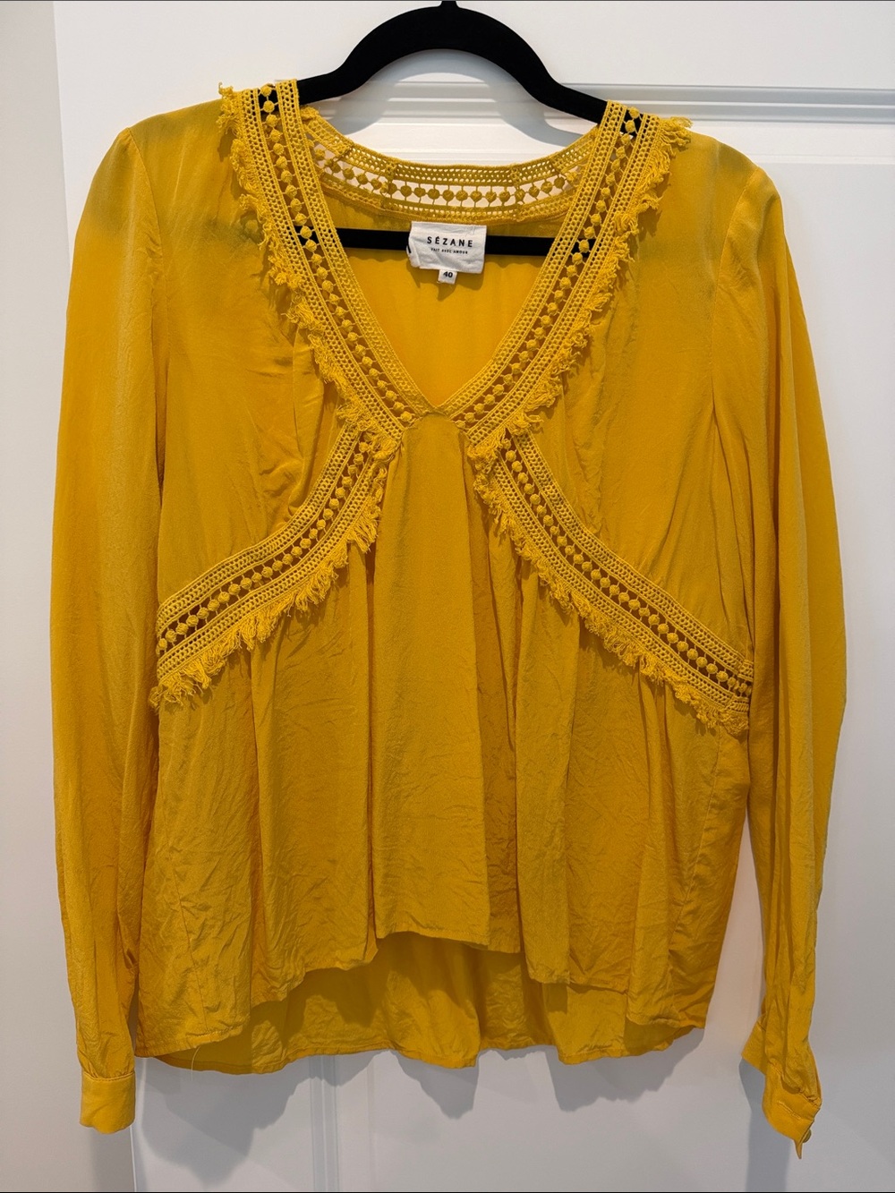 Sezane Gold Silk Crochet-Trim Blouse